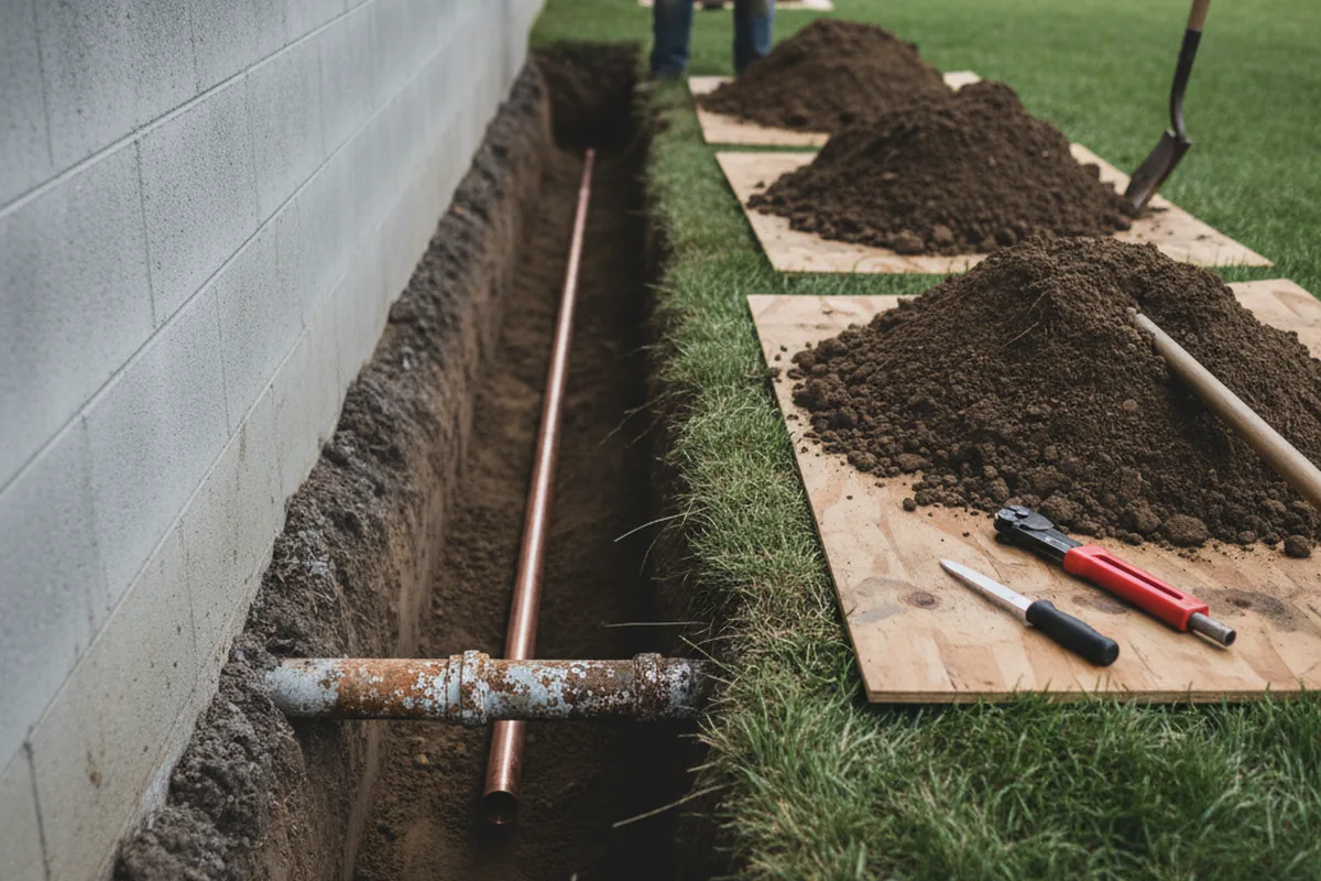 Excavated water line trench during Water Softener Installation in Newtown
